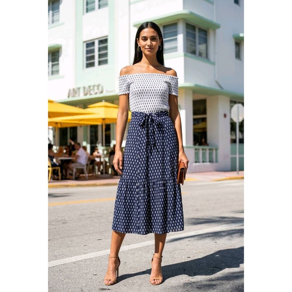 🔹️Maison Jules Blue & White Pineapple Off Shoulder Dress Size 10